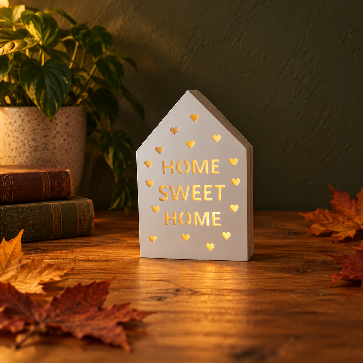Keramik-Häuschen „Am liebsten Zuhause“ – Motiv „Home Sweet Home“ beleuchtet bei Nacht