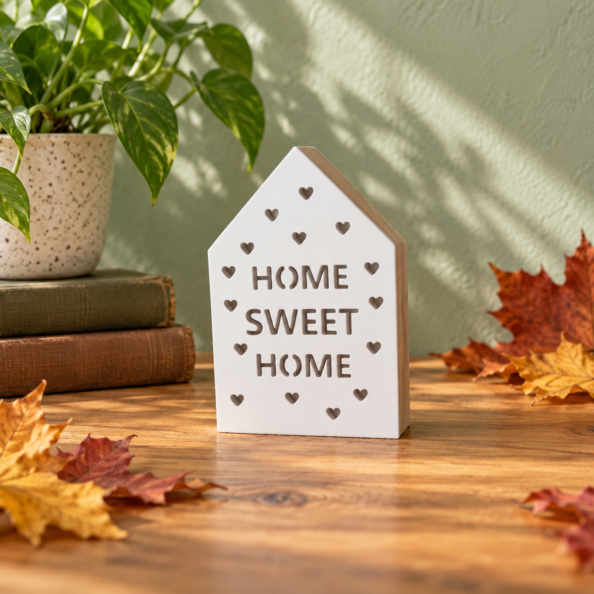 Keramik-Häuschen „Am liebsten Zuhause“ – Motiv „Home Sweet Home“ bei Tageslicht