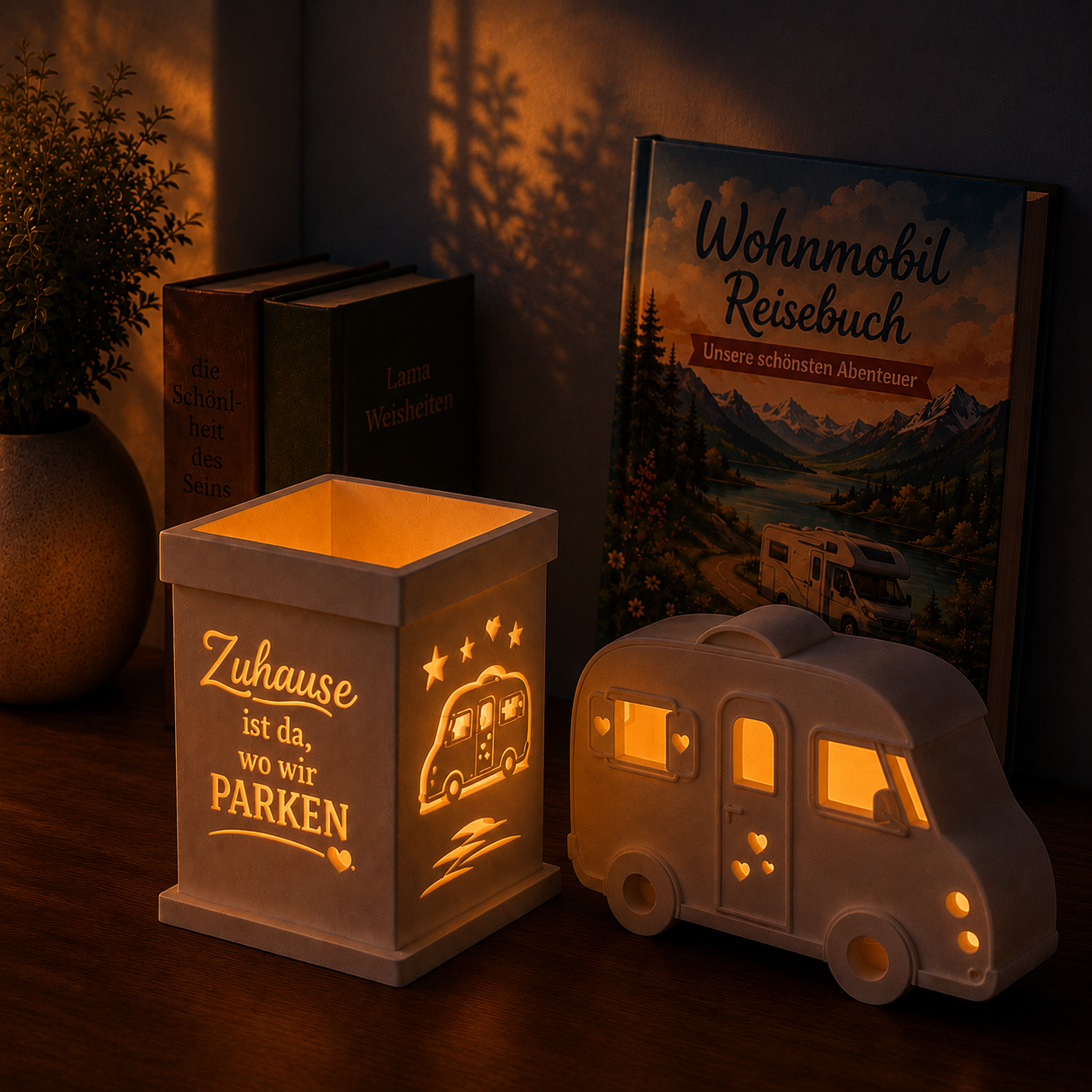 Wohnmobil Set "Windlicht "Camperglück"  & Deko Wohnmobil "Große Fahrt" - Versandkostenfrei