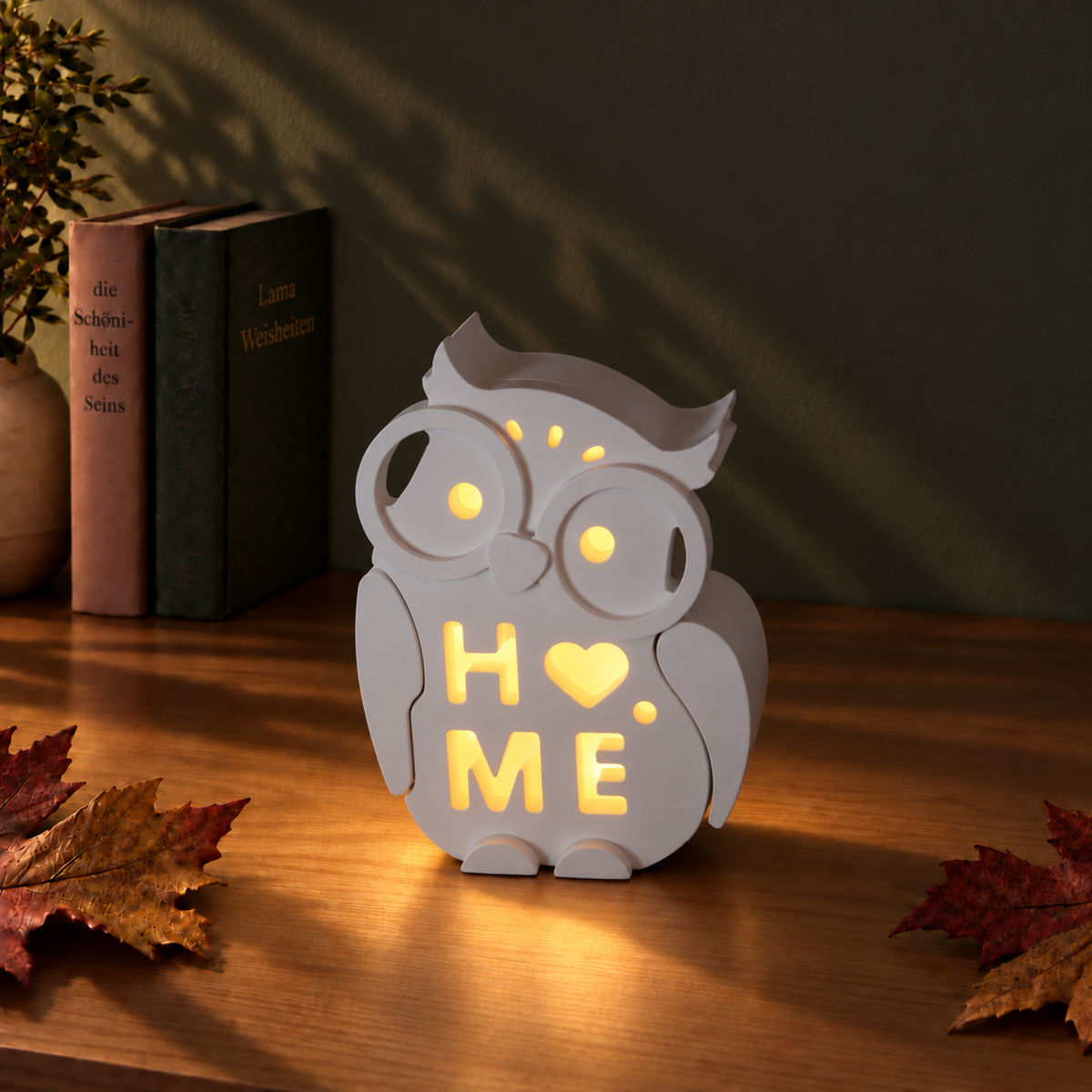 Kleine wachsame Keramik-Eulen – Motiv „HOME“ beleuchtet bei Nacht