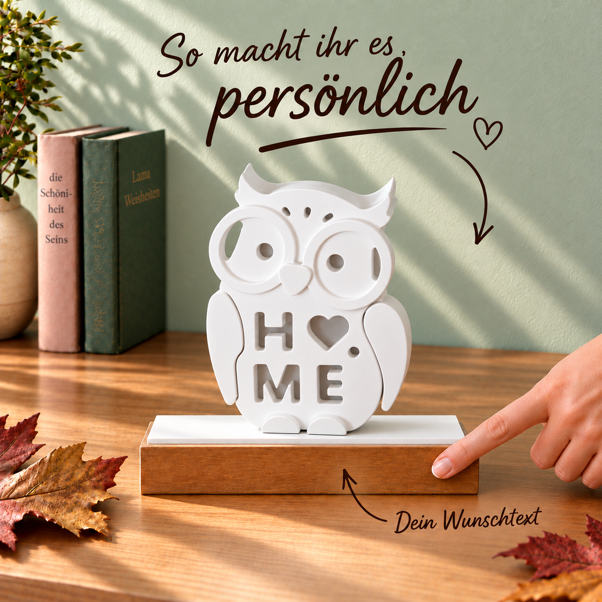 Kleine wachsame Keramik-Eulen – Motiv „HOME“ mit Wunschtextsockel