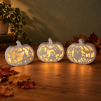 Halloween-Kürbisse aus Keramik als Gruppe, beleuchtet bei Nacht