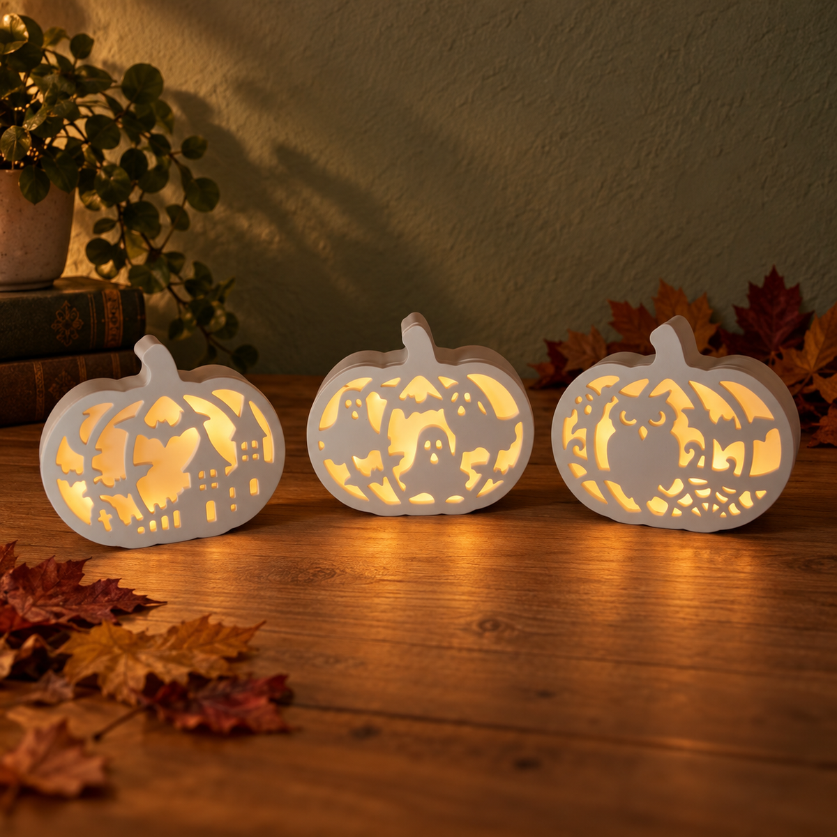 Halloween-Kürbisse aus Keramik als Gruppe, beleuchtet bei Nacht