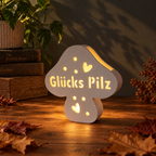 Glückliche Keramik-Pilze – Motiv „Glückspilz“ beleuchtet bei Nacht
