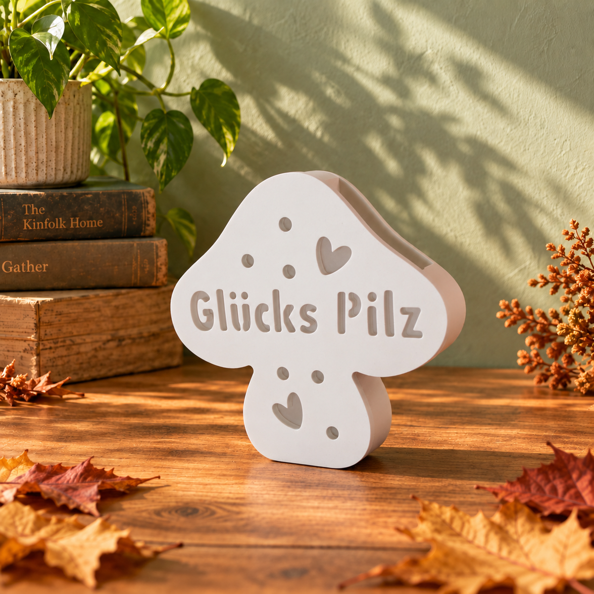 Glückliche Keramik-Pilze – Motiv „Glückspilz“ bei Tageslicht