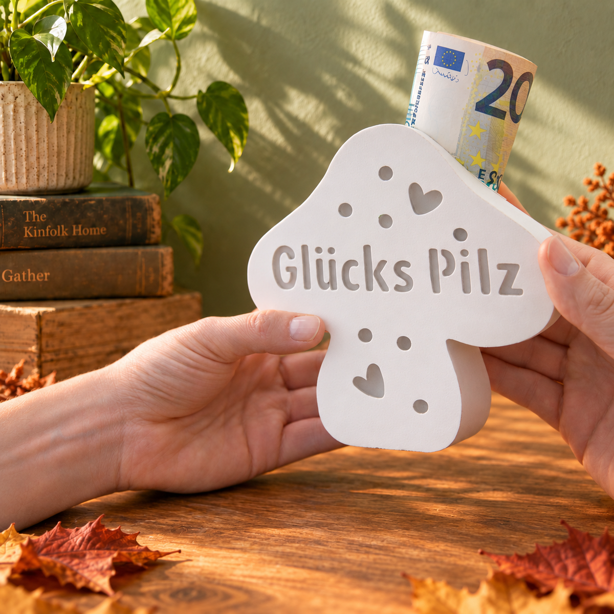 Glückliche Keramik-Pilze – Motiv „Glückspilz“ bei Tageslicht