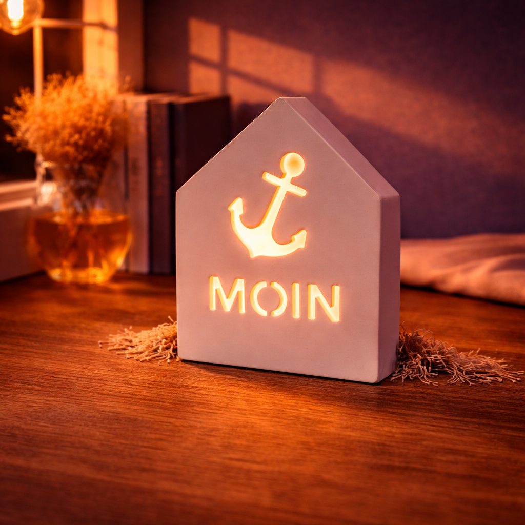 Keramik-Hafenhäuschen – Motiv „Moin“ beleuchtet bei Nacht
