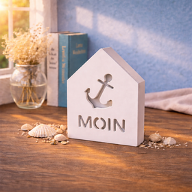 Keramik-Hafenhäuschen – Motiv „Moin“ bei Tageslicht