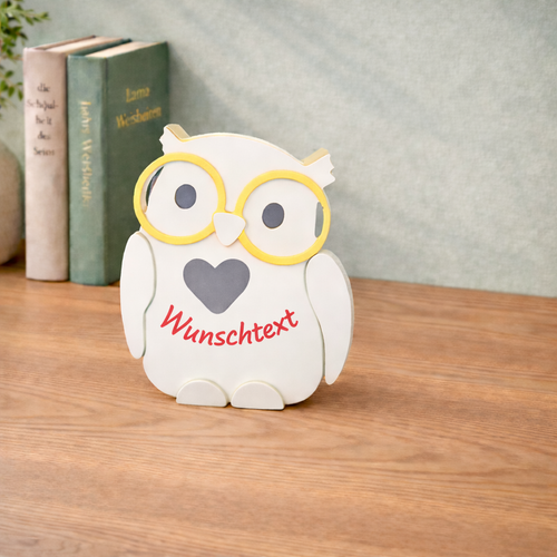 Keramik-Eule „Einherzchen“ mit Wunschtextsockel