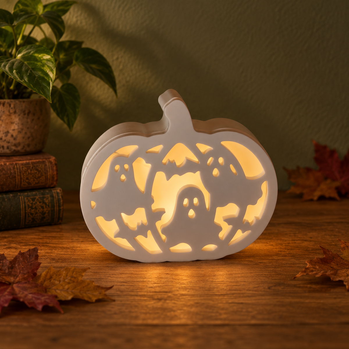 Halloween-Kürbisse aus Keramik – Motiv „Gespenst“ beleuchtet bei Nacht