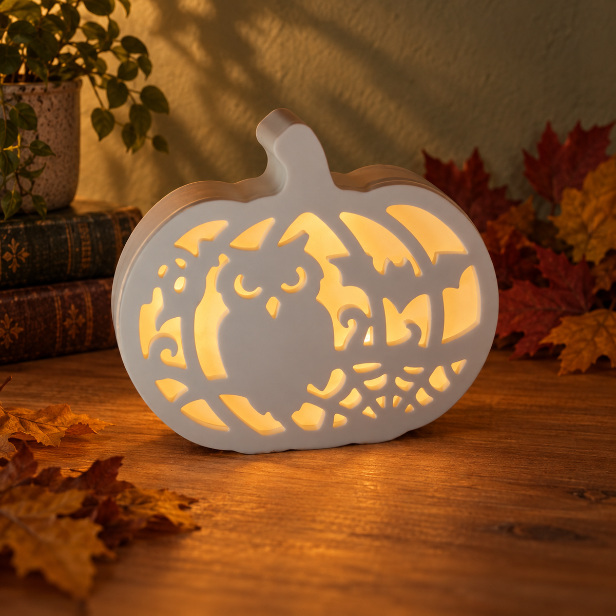 Halloween-Kürbisse aus Keramik – Motiv „schlafende Eule“ beleuchtet bei Nacht
