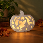 Halloween-Kürbisse aus Keramik – Motiv „Gruselhaus“ beleuchtet bei Nacht